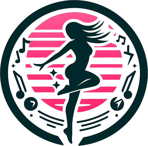 Logo de la página ZumbaConMaru. Es una silueta de una persona bailando sobre un fondo rosado y blanco, con un contorno negro.